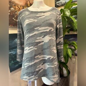 EUC COIN 1804 Camouflage Print 3/4 Sleeve Button Detail Pull Over Top - M